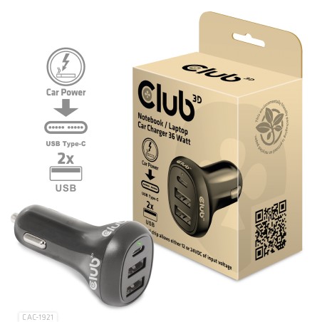 Club 3D CAC-1921 36Watt Bilstrømsadapter 2xUSB-A 1xUSB-C Sort